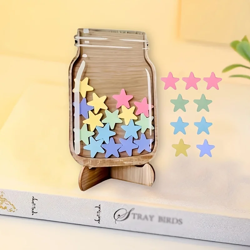 1Pc New Wooden Star Reward Jar, Creative Wooden Craft Desktop Ornament with Star, Home Table Decorative Figurine Back to School