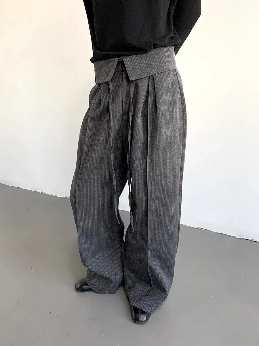 

American Retro Striped Casual Wide Leg Pants Men Women Design Sense Belt Flip Versatile Floor Length Straight Tube Pants