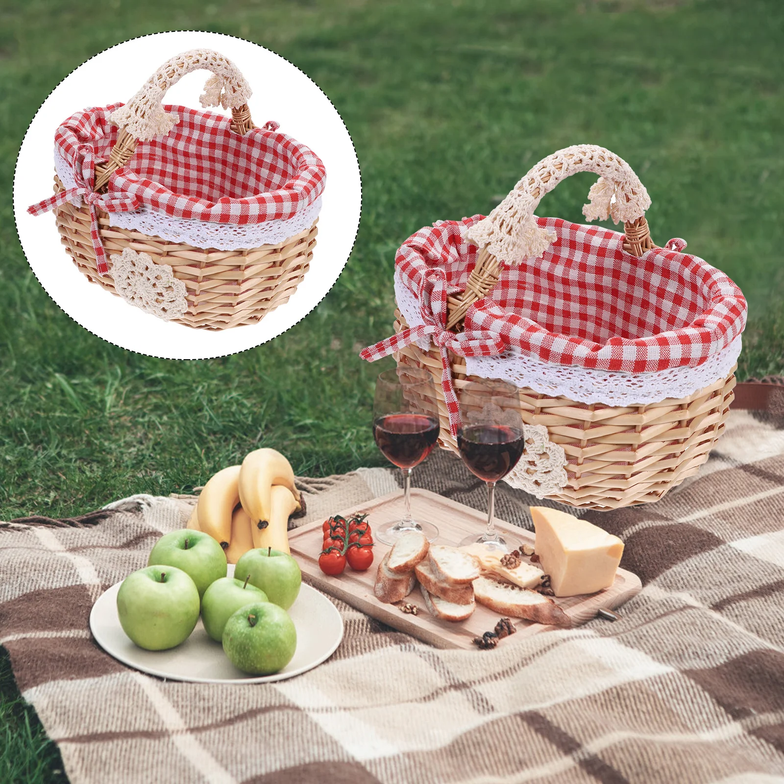 Handgefertigter Rattan-Picknickkorb aus Korbgeflecht, Aufbewahrungskörbe für Küche, Gemüse, Obst, Snackbehälter, Premium-Weidenkörbe, Heimaufbewahrung