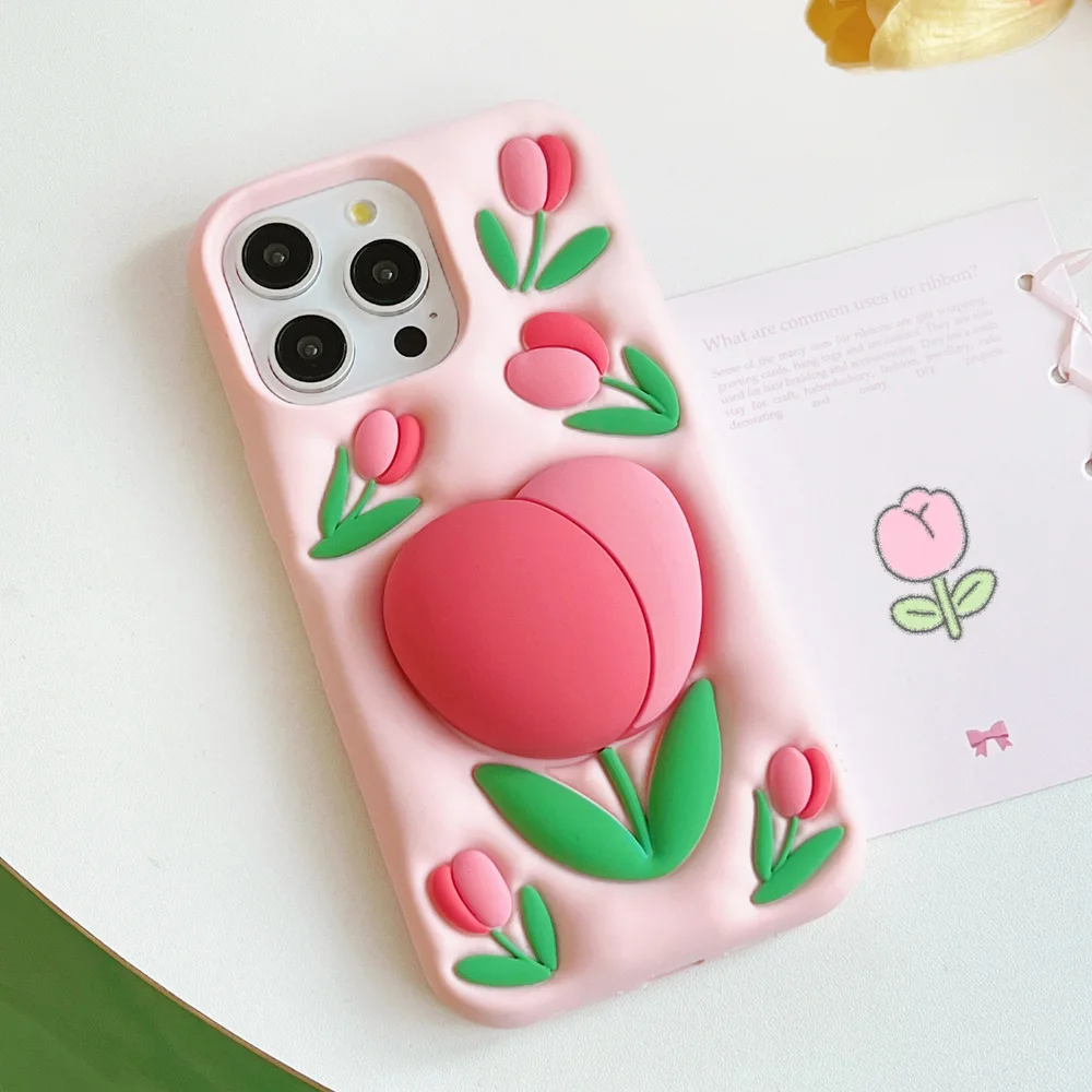 

3D Beautiful Tulip Soft Silicone Phone Case For iPhone 16 15 Plus 14 13 12 proMax, Back Cover invisible Telecopic Bracket Holder