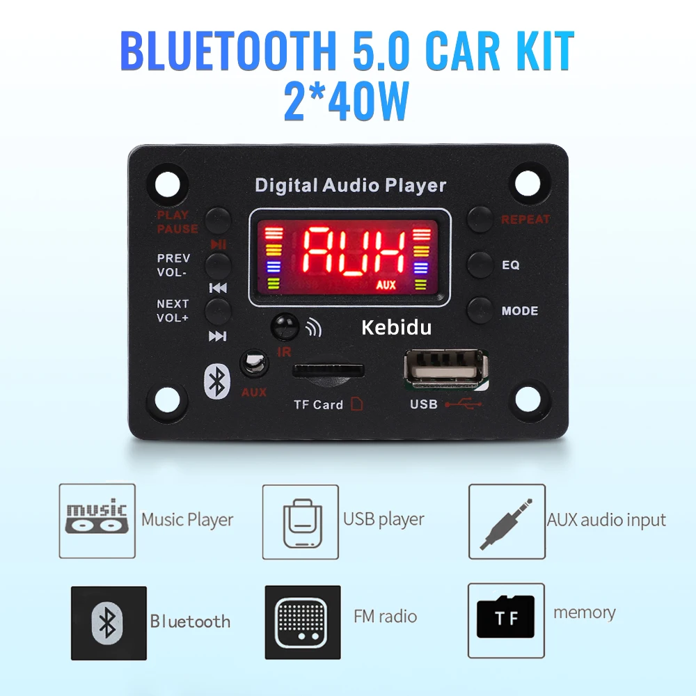 2*40W 80W Bluetooth 5.0 MP3 Decoder Board 7-25V MP3 Music Player 12V Car FM Radio Module TF USB AUX Handsfree Call Record