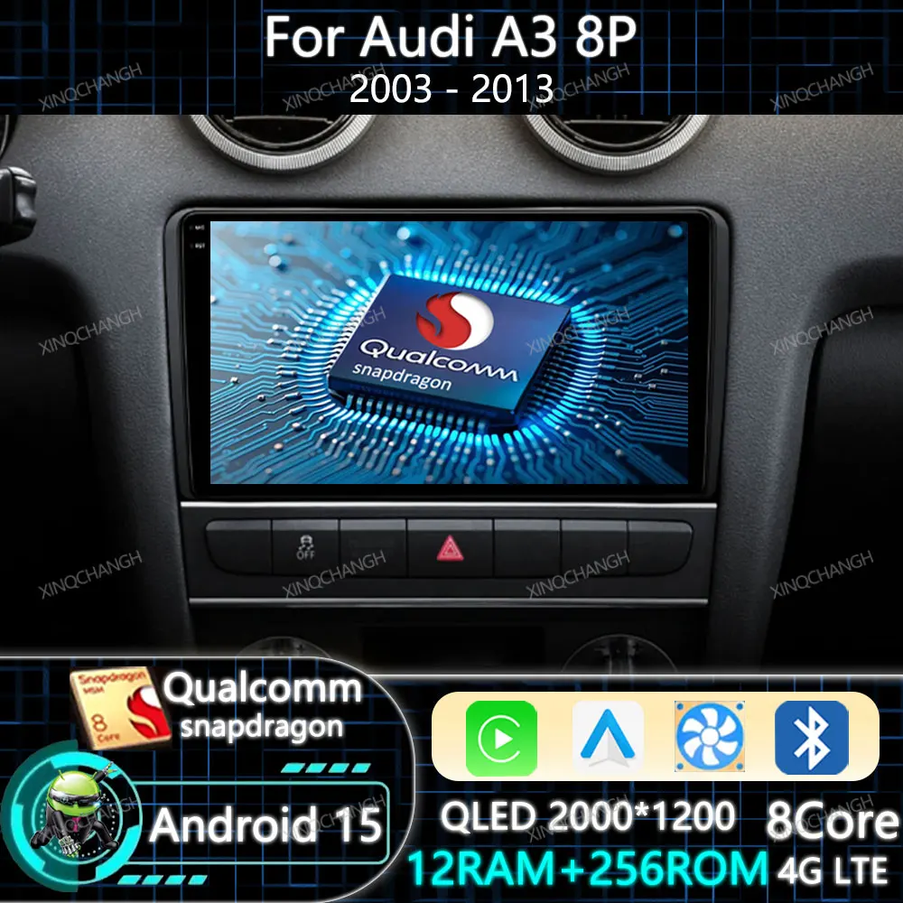Android 16 Car Radio For Audi A3 8P 2003 - 2013 GPS 2DIN Qualcomm 4G WIFI Multimedia Video Player QLED BT Carplay Auto Head Unit