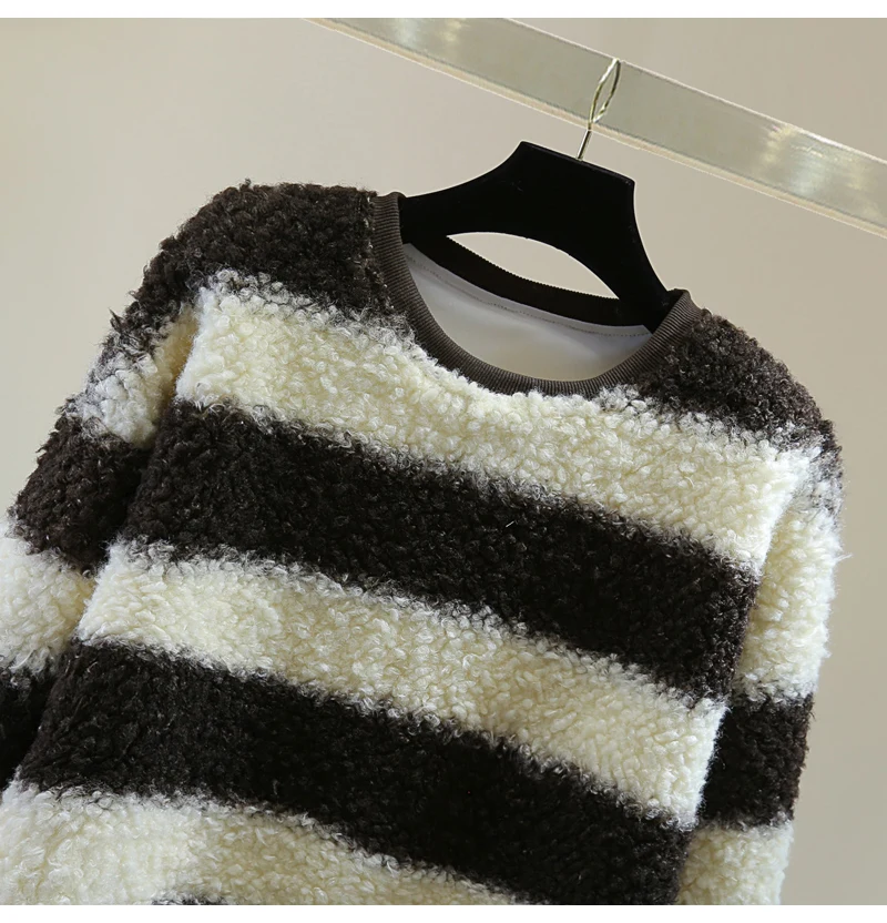 Striped Color Matching Long-sleeved Sweatshirt Women Fall Winter Long Striped Hoodies Crew Neck Pullovers