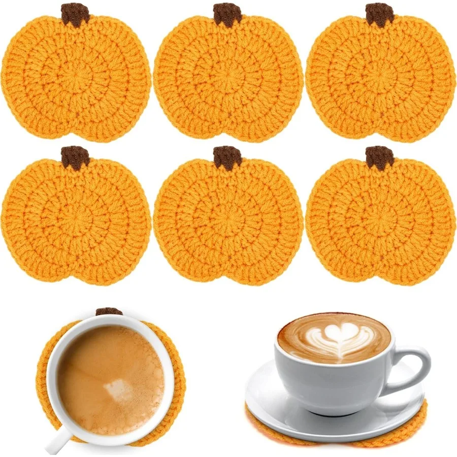 

6 Pcs Fall Crochet Pumpkin Coaster Woven Pumpkin Drink Cup Autumn Crochet Coasters for Harvest Thanksgiving Home Kitchen Table