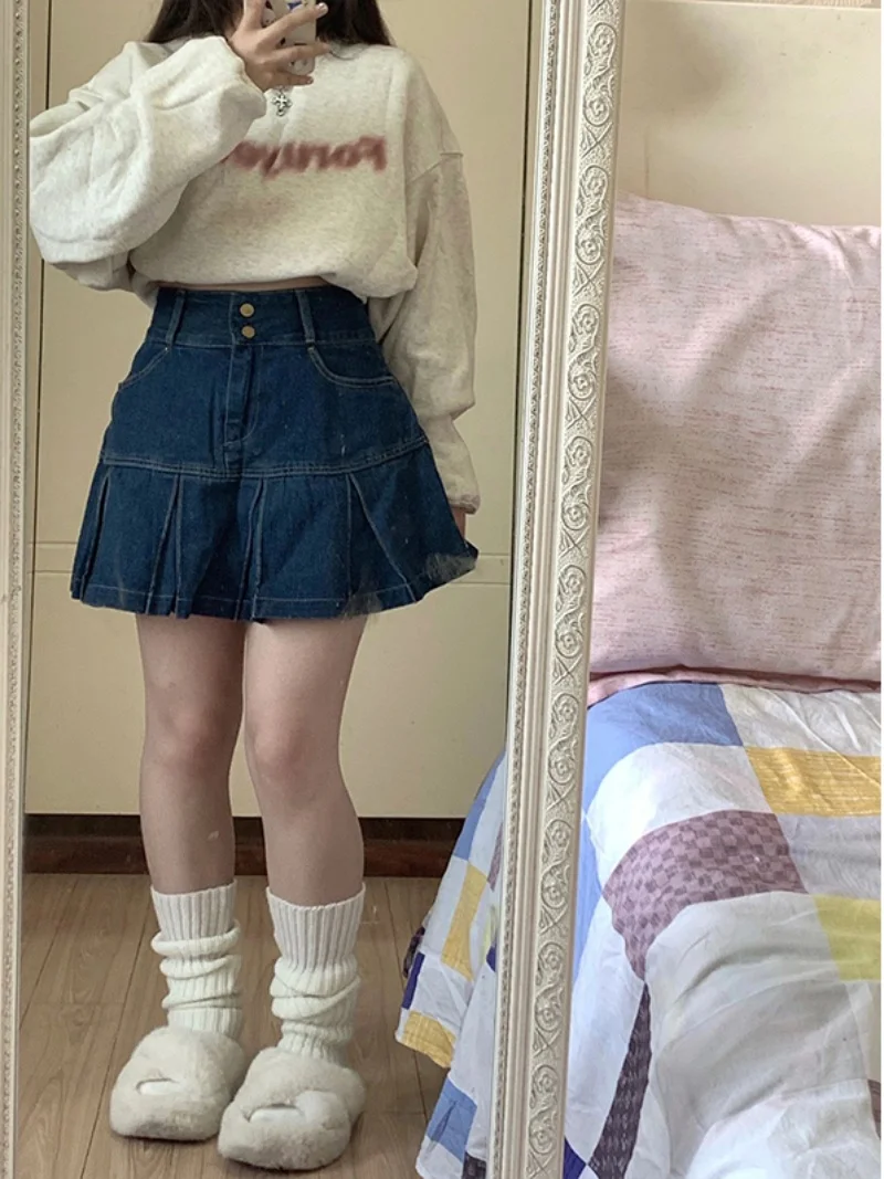 High Waist Pleated Denim  Skirt Women plus Size Conceal Belly Slim A-Line ort Skirts Summer Vintage Korean Sle