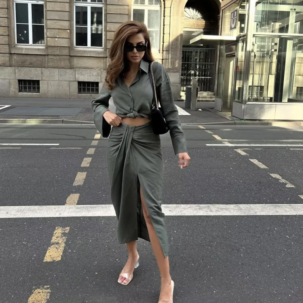 KAOPU ZA Women Vintage Office Lady Suits Long Sleeve Linen Blend Knot Blouse Shirts Tops or Side Split Pleated High Waist Skirts