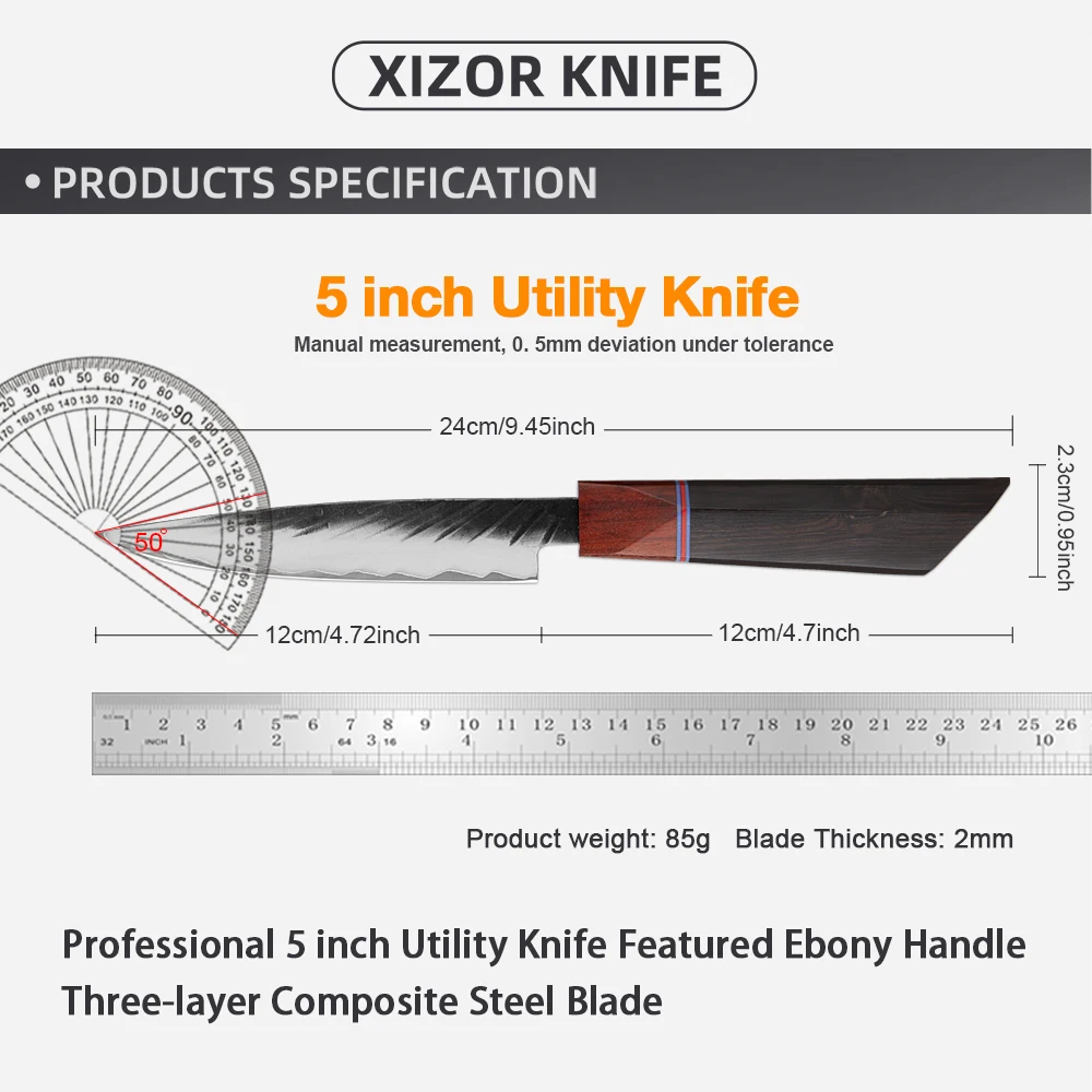 Professional Kitchen 5 Inch Utility Knife 3-layer Composite Steel Sharp Japanese Multi Paring Knife for Cooking Ebony Handle