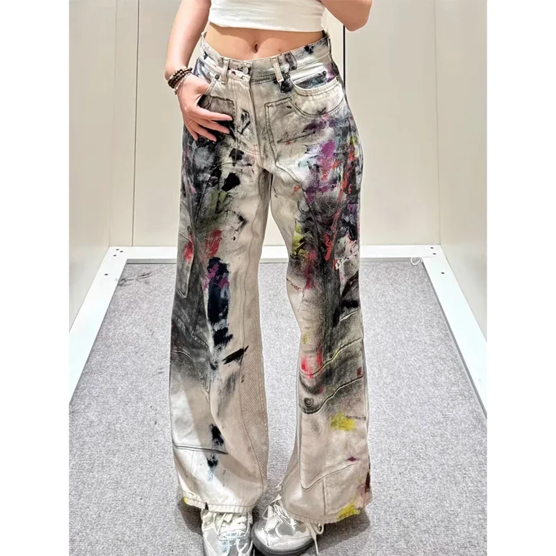 

Винтажные женские джинсы с высокой талией и граффити, модная уличная одежда в стиле хип-хоп, прямые брюки с широкими штанинами Y2K, классические мешковатые джинсовые брюки
