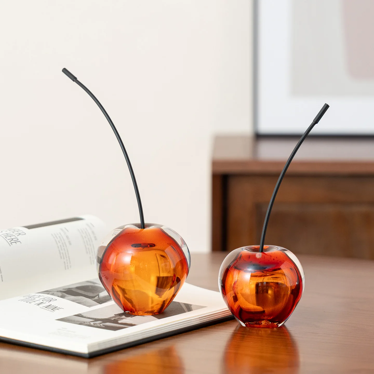 Glass Cherry Figurine Transparent Fruit Sculpture Realistic Cherry Decorative Figurines Home Decoration Accessories