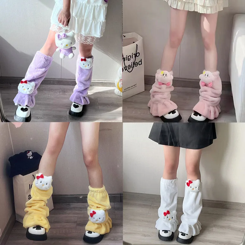 Winter Kawaii Sanrio Hello Kitty Plush Socks Female Girly Heart Over Knee Socks Cartoon Anime JK Uniform Leg Warmers Stockings