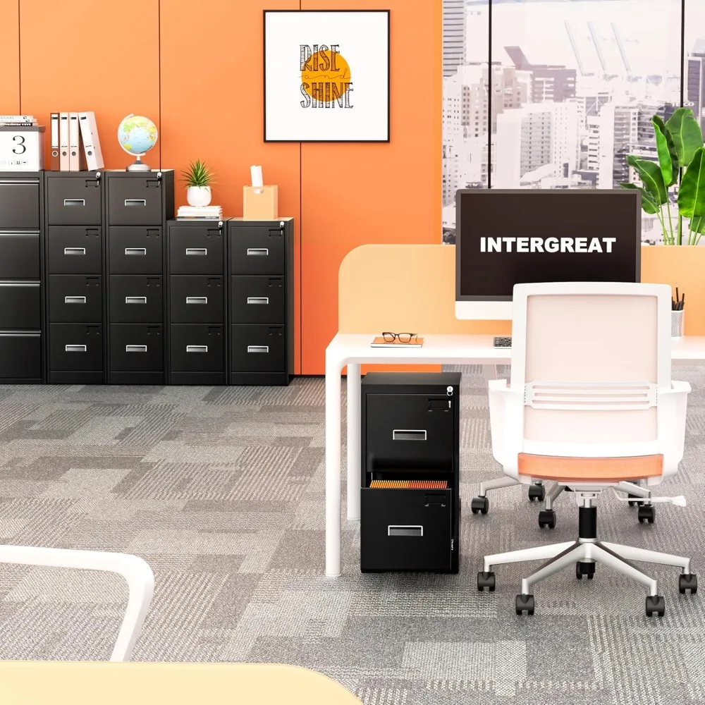 Archivador vertical de metal negro con 4 cajones bloqueables, colgante ajustable, gabinete de almacenamiento alto