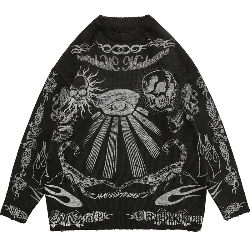 Hip Hop Rock Y2K Zipper Cardigan Knitted Warm Loose Skull Cotton Sweater Ethnic Top Clothing Autumn and Winter New Street Style