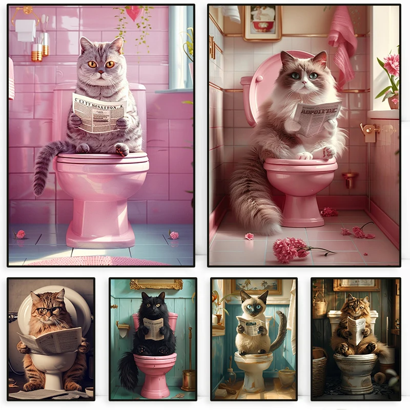 Animal on The Toilet and Reading Newspaper Poster Funny Cute Cat Bathroom Canvas Painting Wall Art for Room Lavatory Home Decor