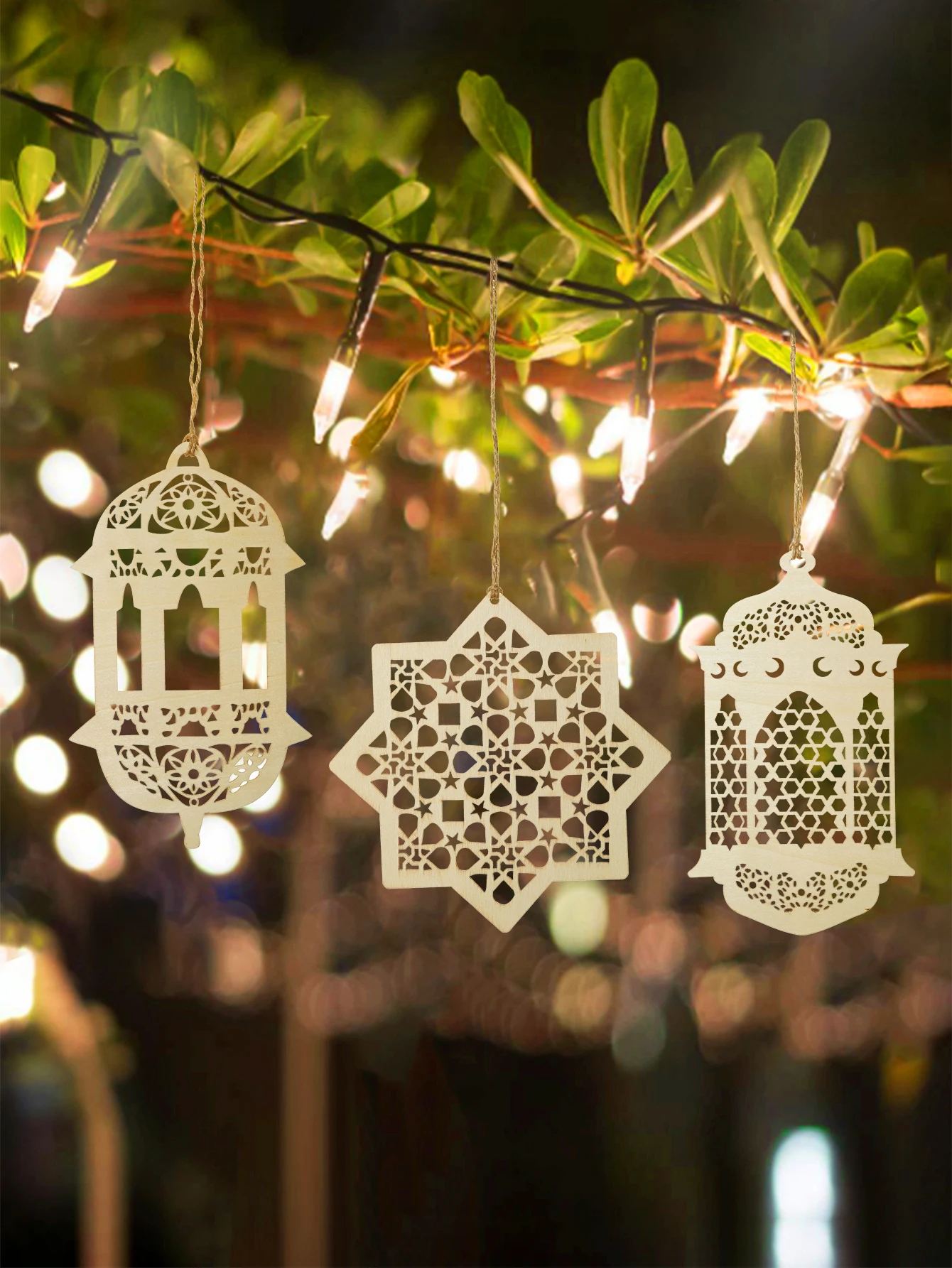 3 Teile/satz Ramadan Holz Hängende Ornament Mond Stern & Laterne Design Wand Dekor Islamische Festliche Dekoration für Eid & Ramadan Geschenk