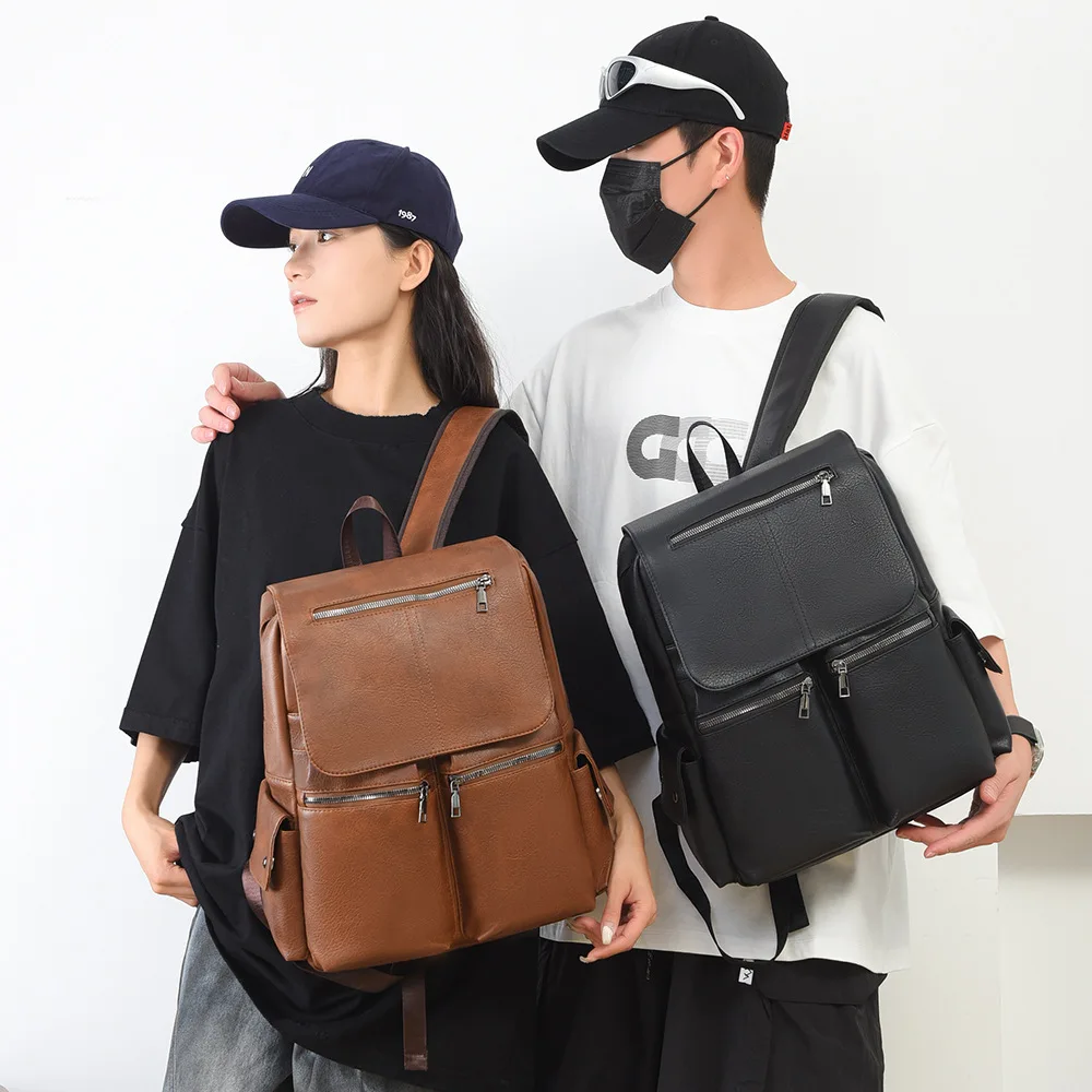 Retro PU leather men's backpack, large-capacity computer storage, flip cover multi-pocket student schoolbag, women's backpack