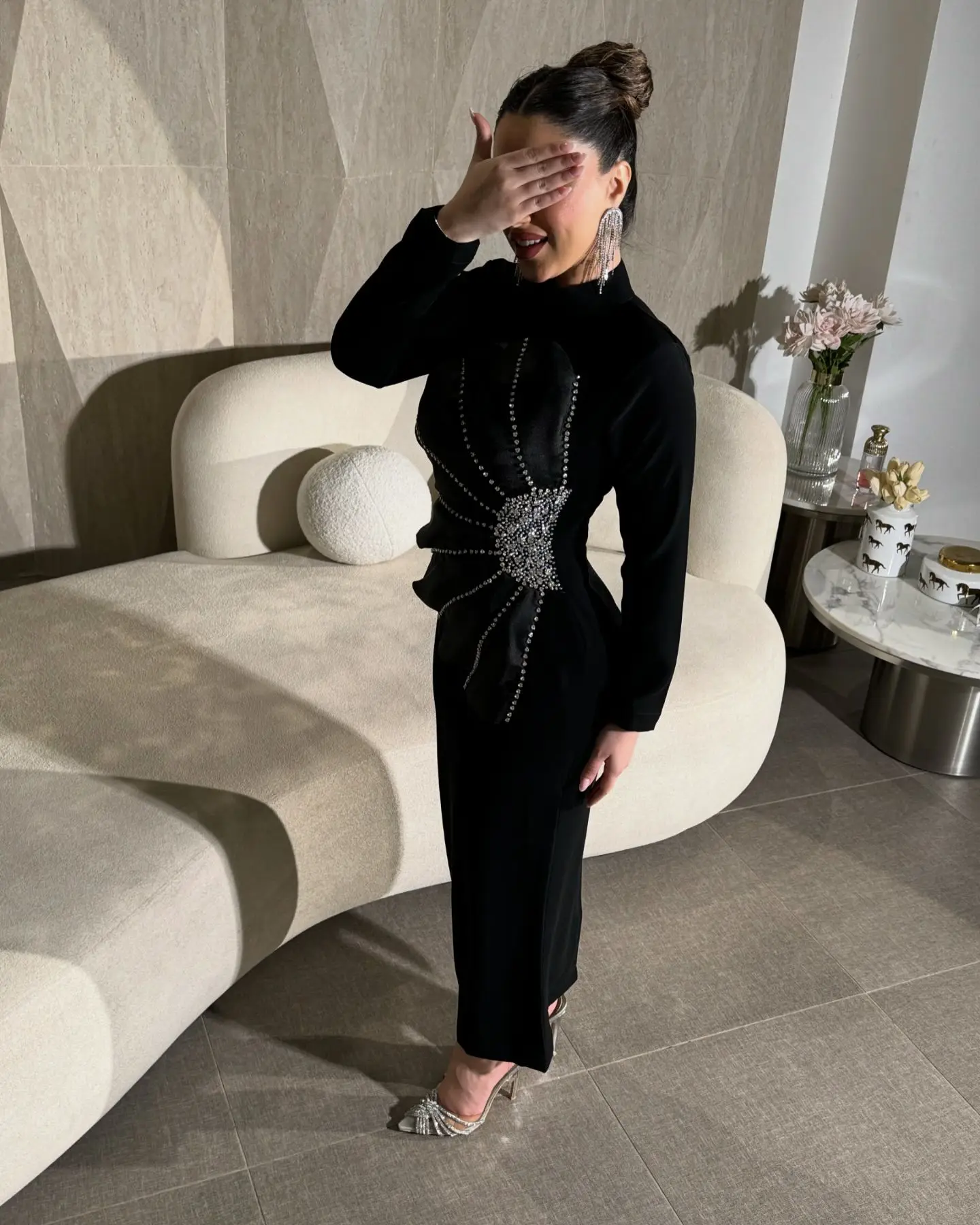 Jirocum Saudi Black Elegant High Neck Prom Gown Women Beaded Party Evening Dress Ankle Length Special Occasion Gowns custumized