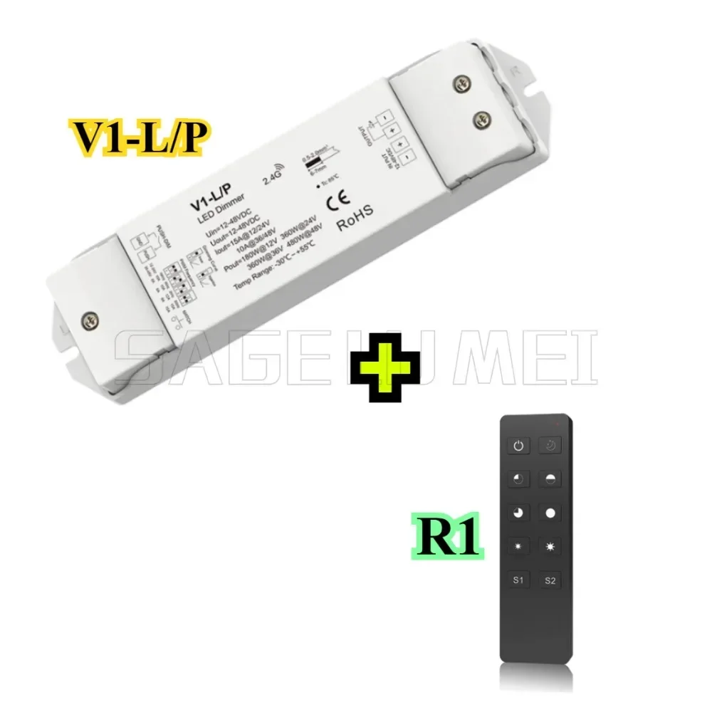 LED Dimmer V1-L/P Wifi 2.4G RF Remote Control R1/11 12-48V 1 Zone Single Color LED Strip Dimming Kit Wireless Push Switch Dimmer