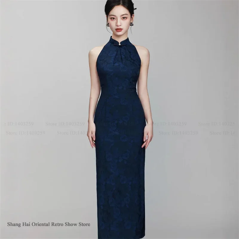 

Винтажное классическое китайское платье-ципао с воротником-мандарином, жаккардовое, без рукавов, длинное, элегантное, облегающее, для выпускного вечера