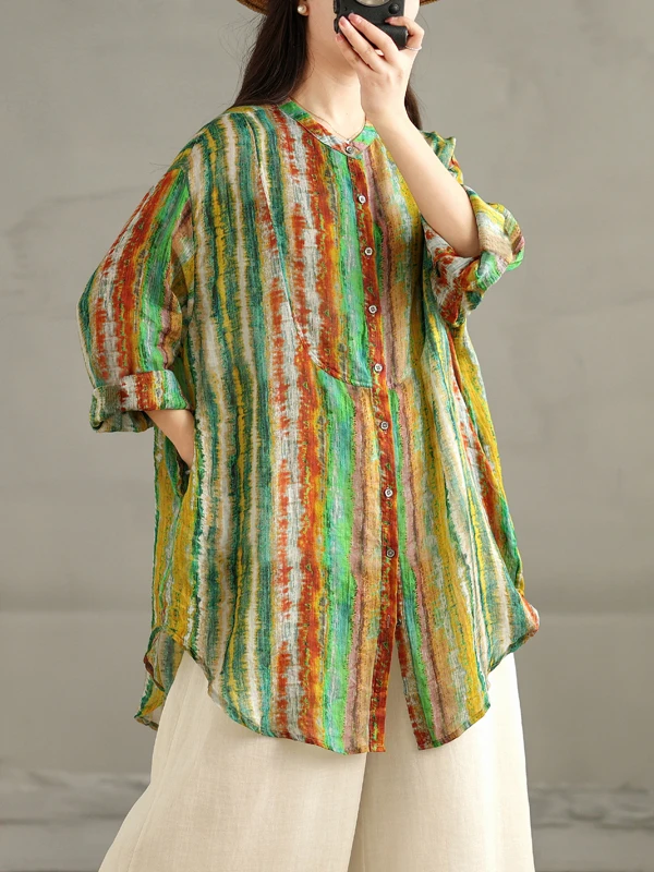 

Свободная полосатая блузка из хлопка и льна для женщин, легкая летняя верхняя одежда для защиты от солнца, для повседневной носки, с длинными рукавами