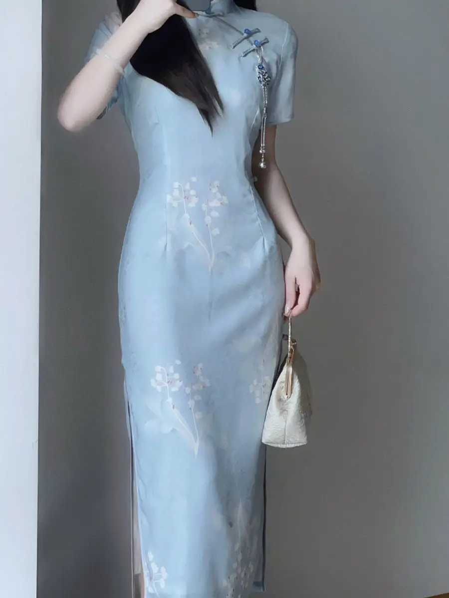 2023 Summer Cheongsam Improved Elegant Qipao Daily Slim Fit Blue Gentle Comfortable Qipao Long Vintage Dress