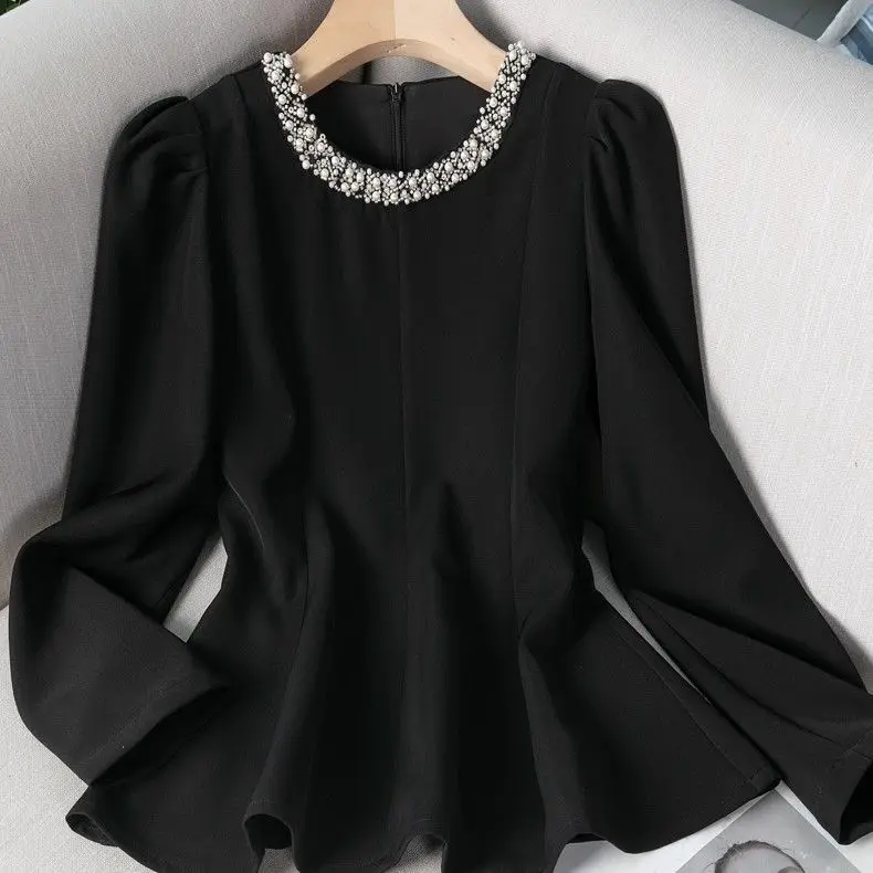 Eleganckie bluzki damskie z bogatymi zdobieniami, tuniki z okrągłym dekoltem, koszule z długim rękawem, szykowne koreańskie bluzki damskie.