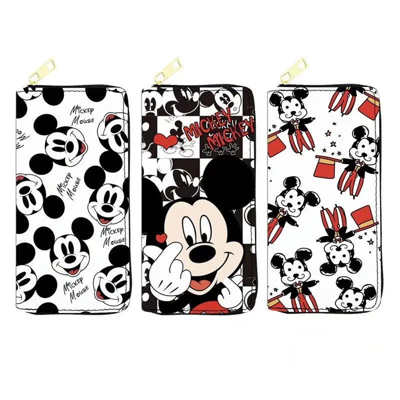 New Disney Unisex PU Long Wallet Black Mickey Mouse Multifunction Girls Wallet Zipper Coin Purse Female Card Holder Clutch