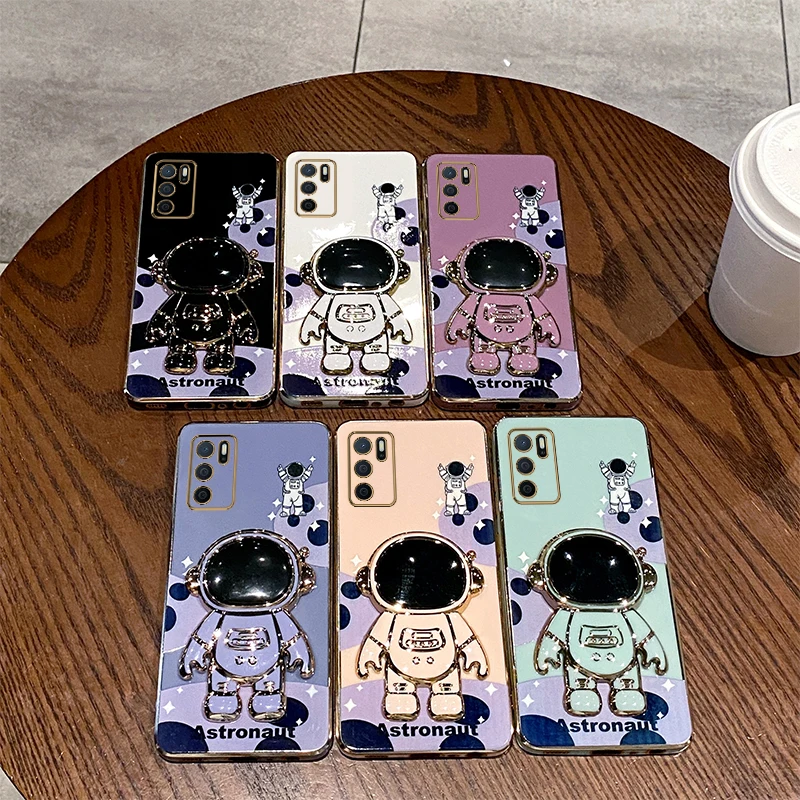 A 54S Cute Astronaut Plating Phone Holder Case For Oppo A15 A33 A54 A72 A76 A53 A3Pro A2M A55 A57 A58 A83 A78 A79 A60 A94 Cover