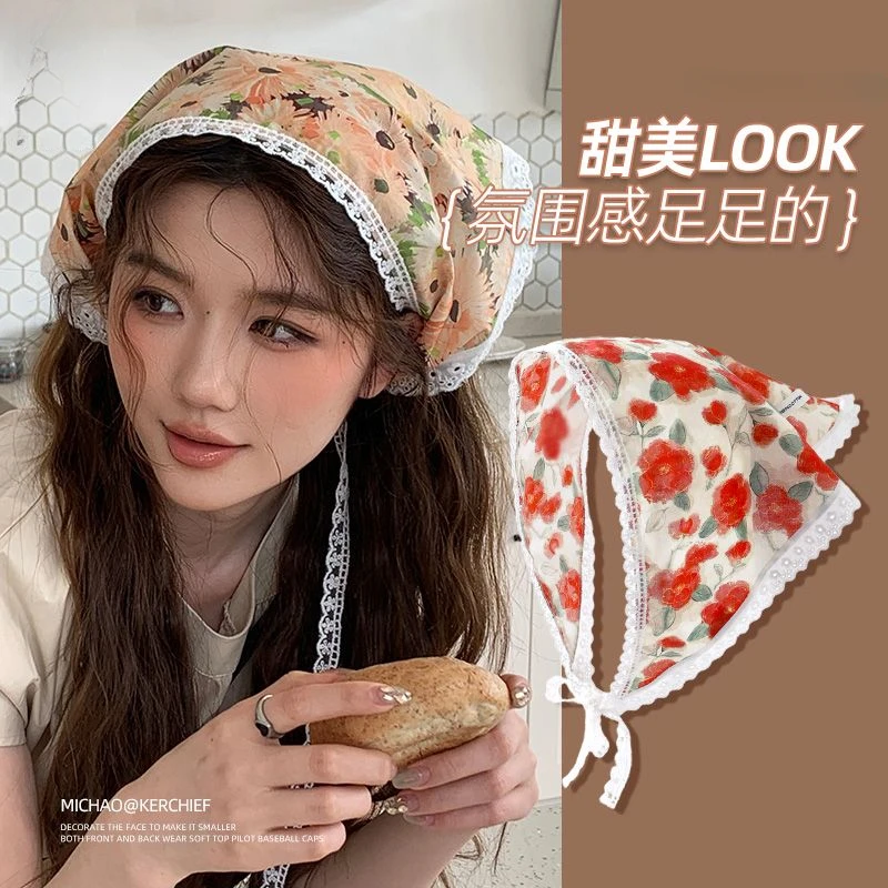 

French Vintage Printed Triangle Hair Scarf Ins Style Sweet Women Beach Headbands Y2K Girls Travel Photo Hair Turbans Accessories