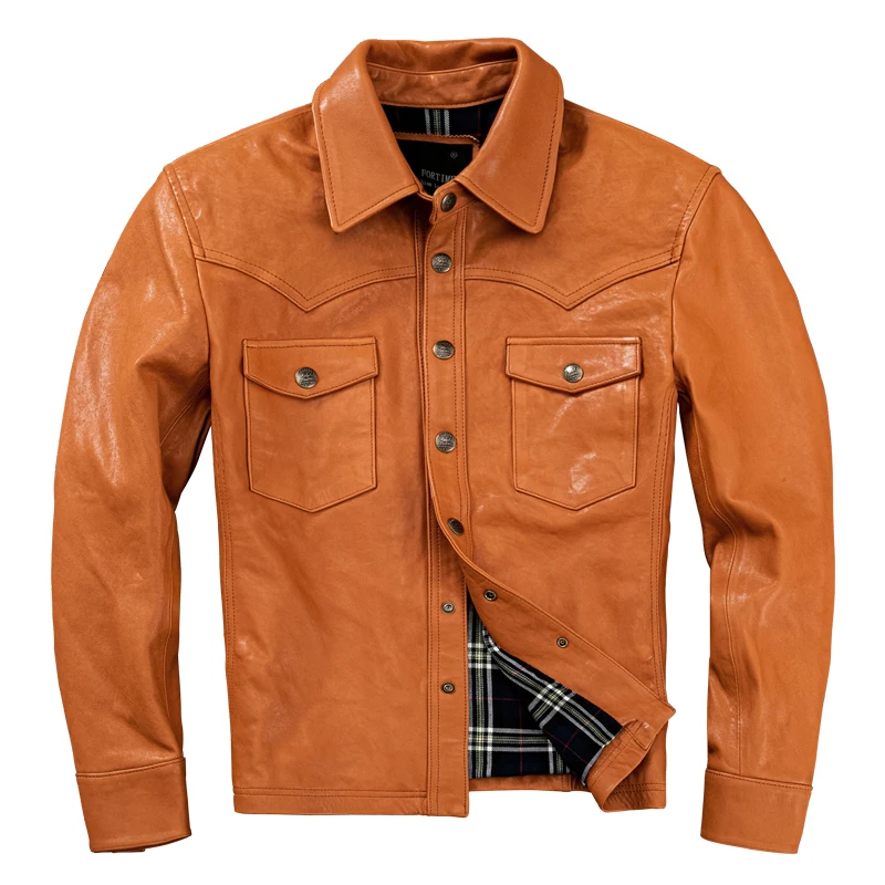 

Orange Autumn Leather Shirt Men Casual Style Plus Size 6XL Genuine Natural Sheepskin Turn-Down Collar Single Breasted Coat