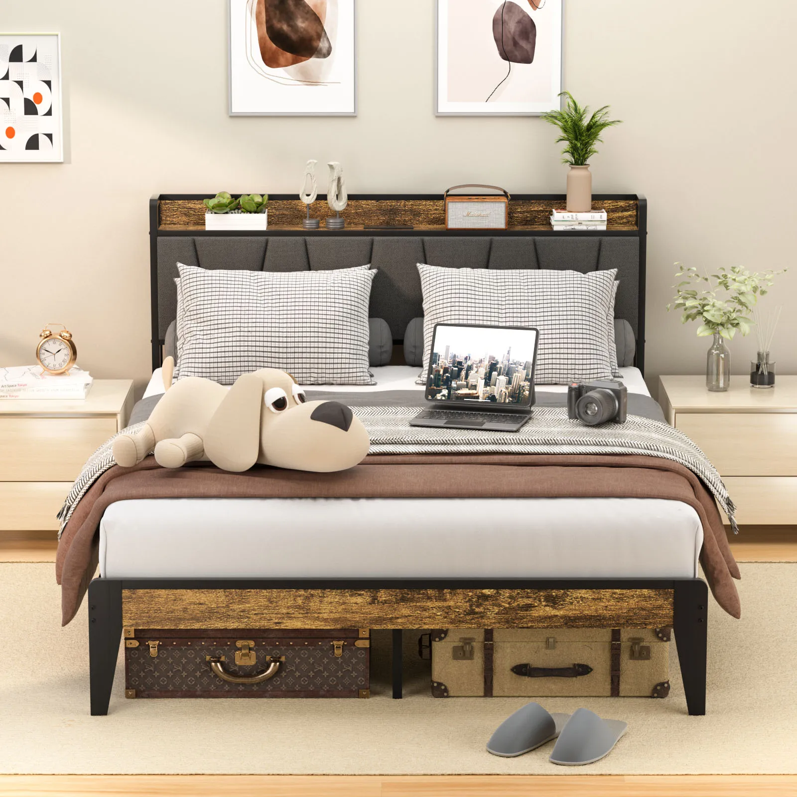 Queen Size Bed Frame, Classical Platform Bed Frame With Charging Station, Storage Headboard For Bedroom, Brown