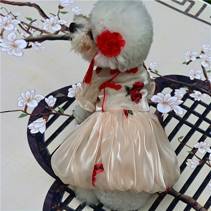 1pc Spring and Summer Flowing Light Yarn Qipao Skirt Pet Clothing Cat and Dog Clothing Teddy Bears New Tang Costume