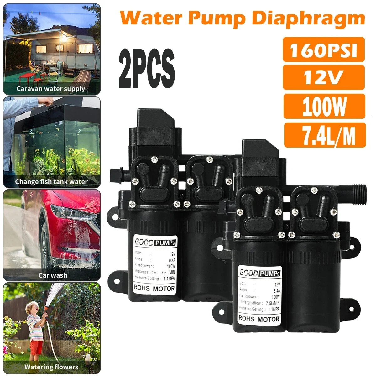 1/2 Pcs 100W Electric Water Pump 160PSI 12V DC Water High Pressure Diaphragm Intelligent Pressure Switch 7.5L/min Water Spray