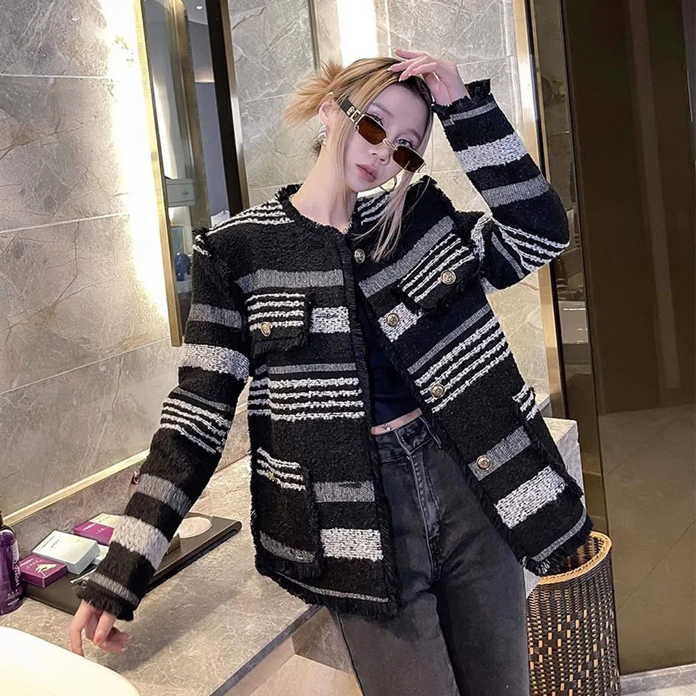 

Small Fragrance Wind Jacket For Women Retro Striped Tweed Short Coat Loose Celebrity Woolen Trendy Ladies Elegant Outerwear Tops