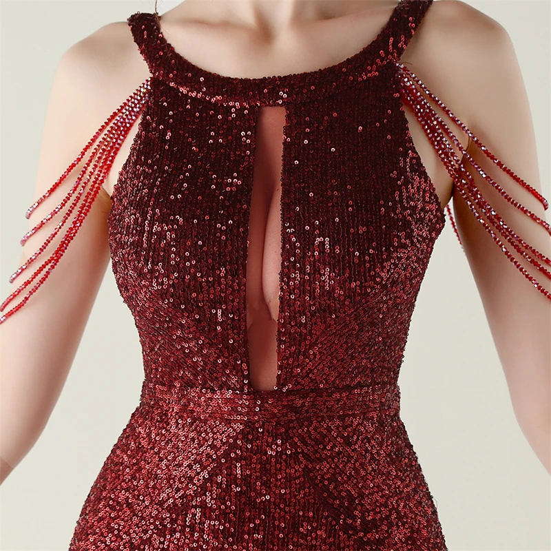 2025 여성 섹시 슬리브리스 O넥 백리스 컷아웃 비딩 스팽글 럭셔리 칵테일 프롬 이브닝 파티 롱 드레스