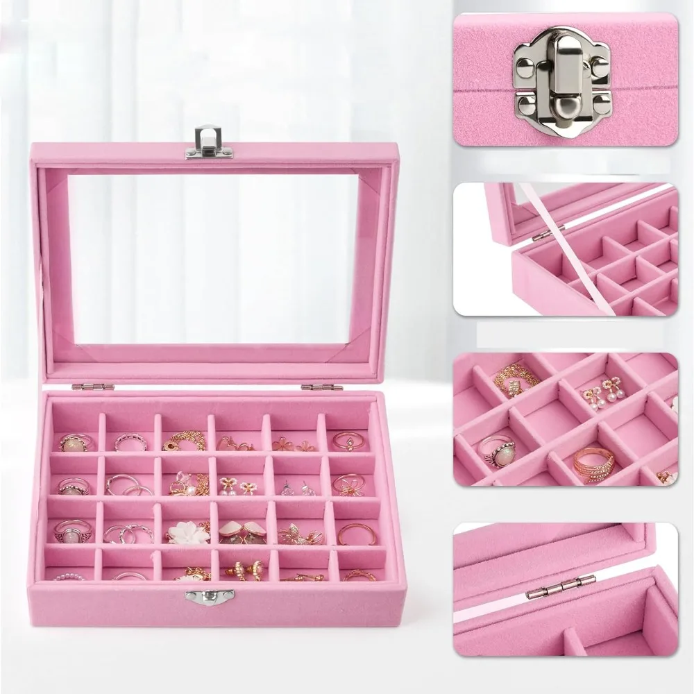 

12 /24 Grid Velvet Ring Box Tray Dustproof Portable Jewellery Organiser Storage Desktop Storage Box Multi-function