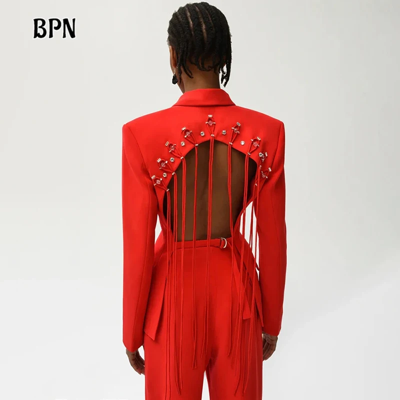 

BPN Sexy Backless Blazers For Women Notched Collar Long Sleeve Patchwork Tassel Soild Temperament Blazer Female Fashion Clothing