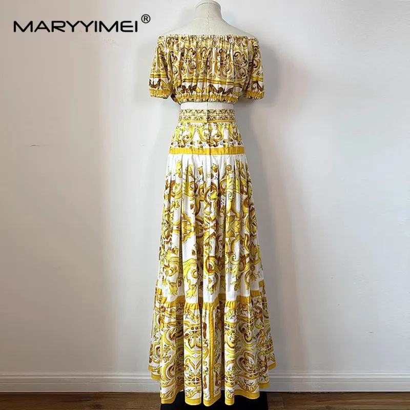 MARYYIMEI Fashion Design Summer Women\'s Suit Slash Neck Short-Sleeved Tops+Pleated Skirt Baroque printed Cotton Two Piece Set