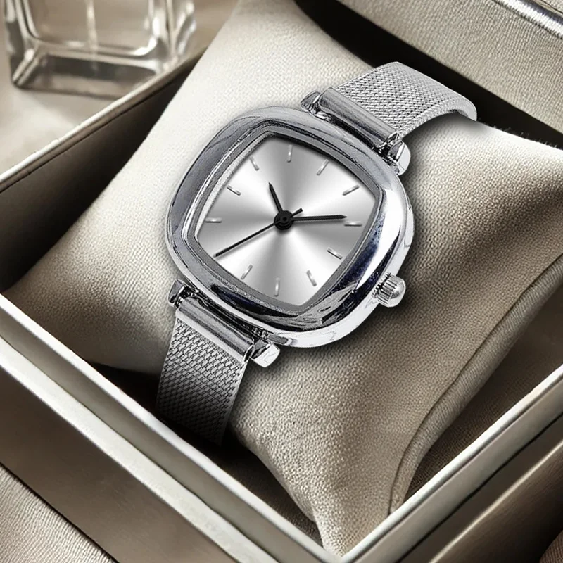 1 pieza de reloj de cuarzo con puntero de uñas cuadrado ligero de estilo simple con correa de malla blanca plateada para mujer