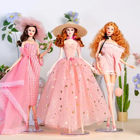 32cm 슈퍼 모델 인형 복장 유럽 패션 핑크 격자 무늬 스커트 액세서리 세트 공주 소녀 드레스 DIY 장난감 수집가 선물