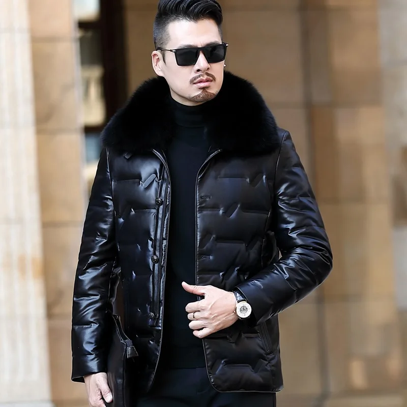 New Winter Men\'s White Duck Down Coat Leather Jacket Men Fashion Lapel Thick Business Casual Warm Male Fur Collar Outerwear