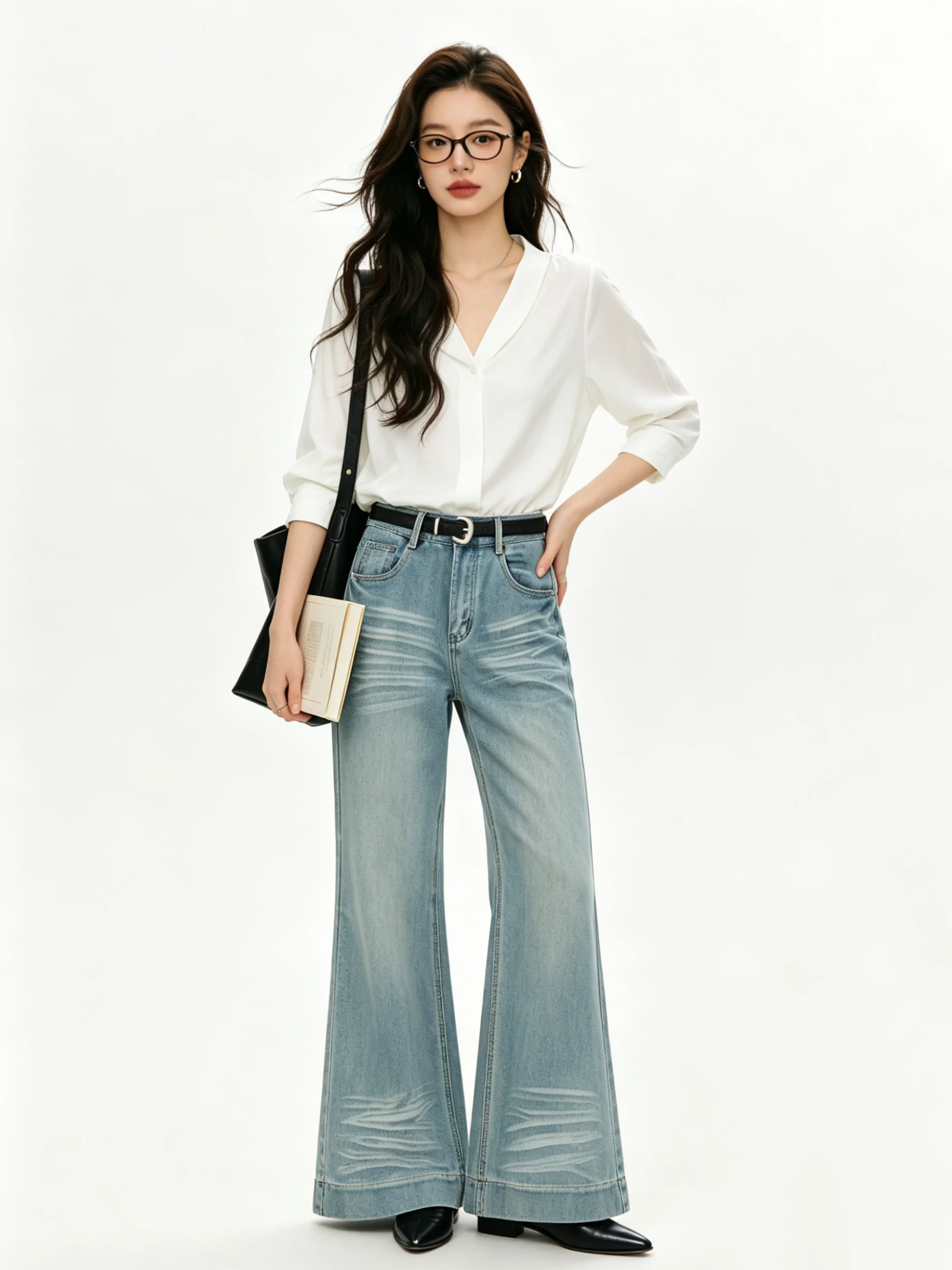 

Chic High Waist Bell Bottom Denim Jeans Women's Slimming Washed Blue Jeans Spring Summer New Style Versatile Korean Style