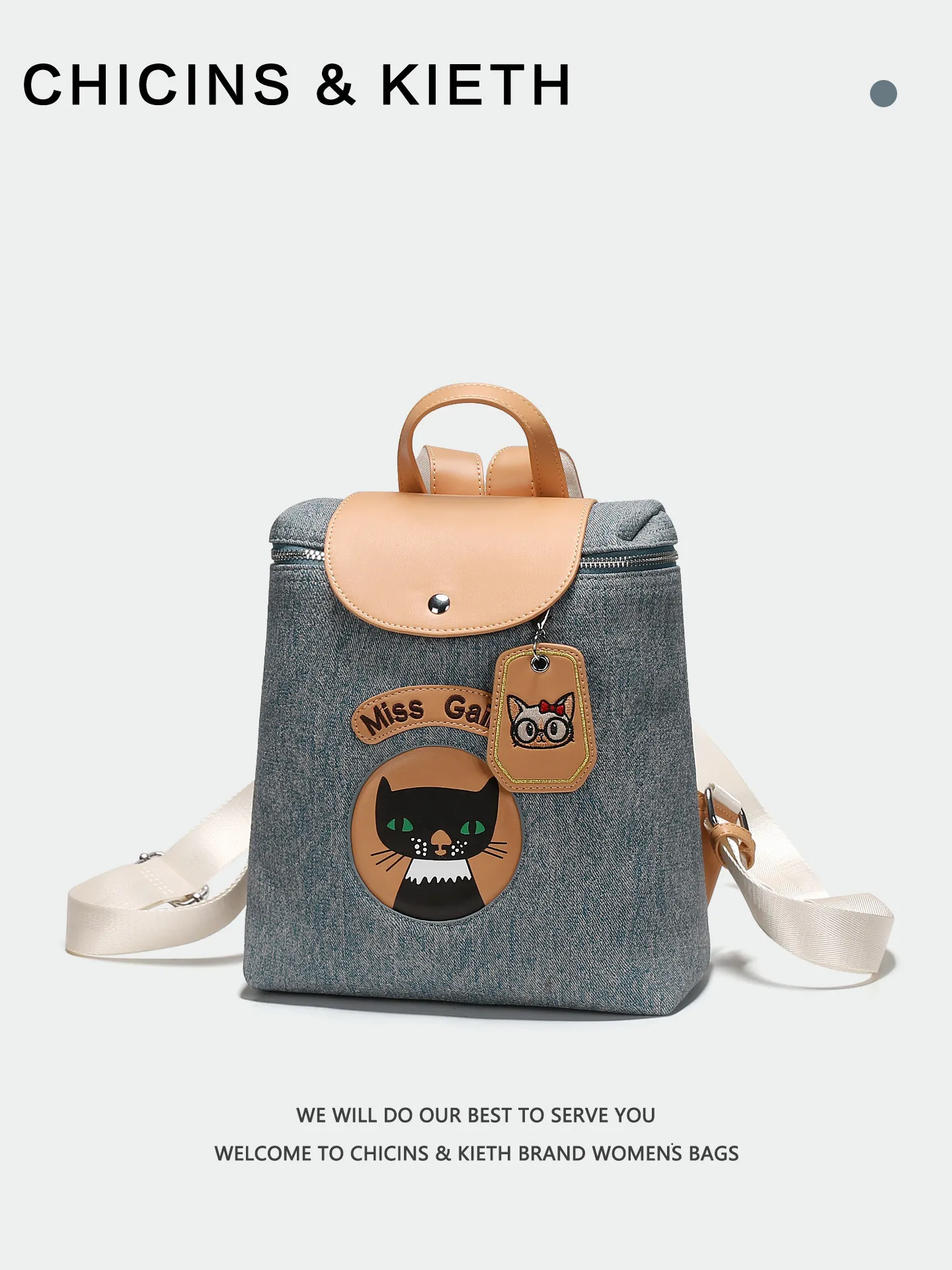

Vintage and Casual School Bag with Premium Denim Canvas and Cute Cartoon Cat Pattern Women's Large Capacity Backpack For Travel