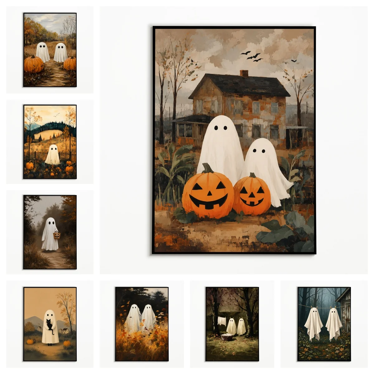 1PC Retro Farm Ghost Pumpkin Poster  Halloween Autumn Countryside Old House Wall Art  Frameless Canvas Printing Festival Gift