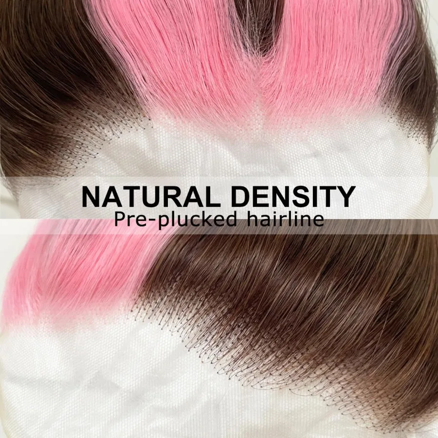 24-Zoll-Perücke mit rosa Skunk-Streifen, synthetische Lace-Front-Perücke mit braunem Haar und rosa Highlights-Streifen für schwarze Frauen, vorgezupft, L