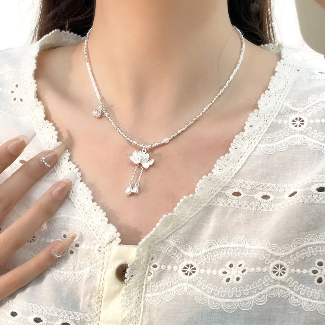 

DUTRIEUX Silver Color Good Luck Lotus Tassel Pendant Necklace For Women Niche Design Chinese Style Elegant Choker Jewelry Gifts