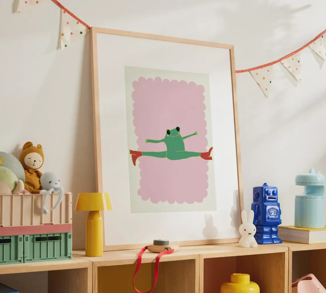Whimsical Dancing Frog Wall Art - Cute Graphic Print of a Frog in Red Heeled Boots, Striking a Joyful Split Pose, with Soft Past