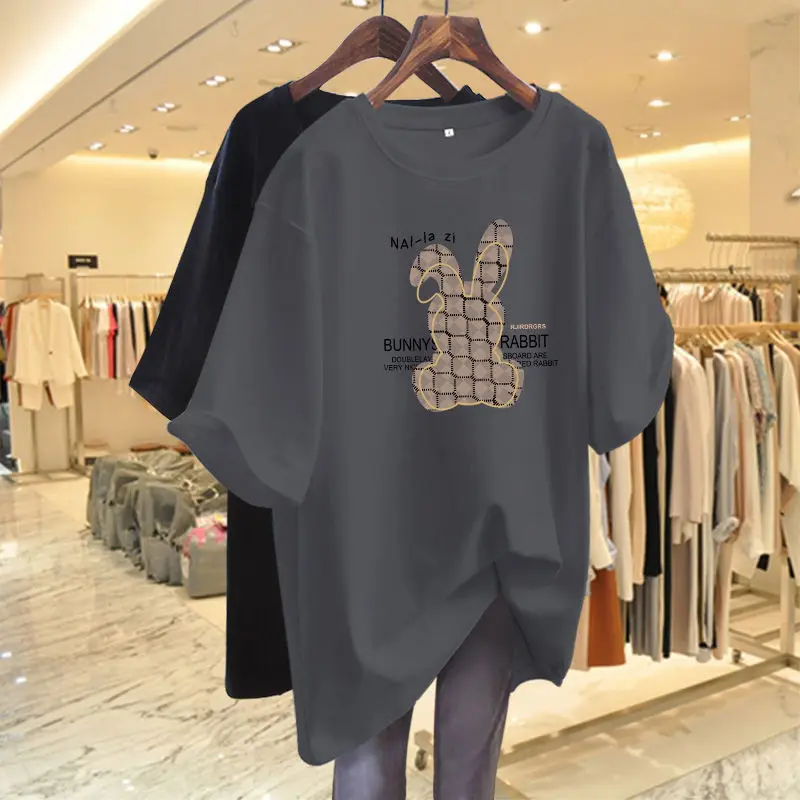 Women Clothing Printed Cartoon T-shirt Summer Plus Size Top Short Sleeve Causal Basic All Cotton Tees Pullovers