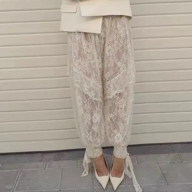 Women Pants Elastic Waist Solid Color Trousers Tiered Lace Ruffled Hem Wide Leg Pants Burnt Orange Lace Oversized Blazer Pants