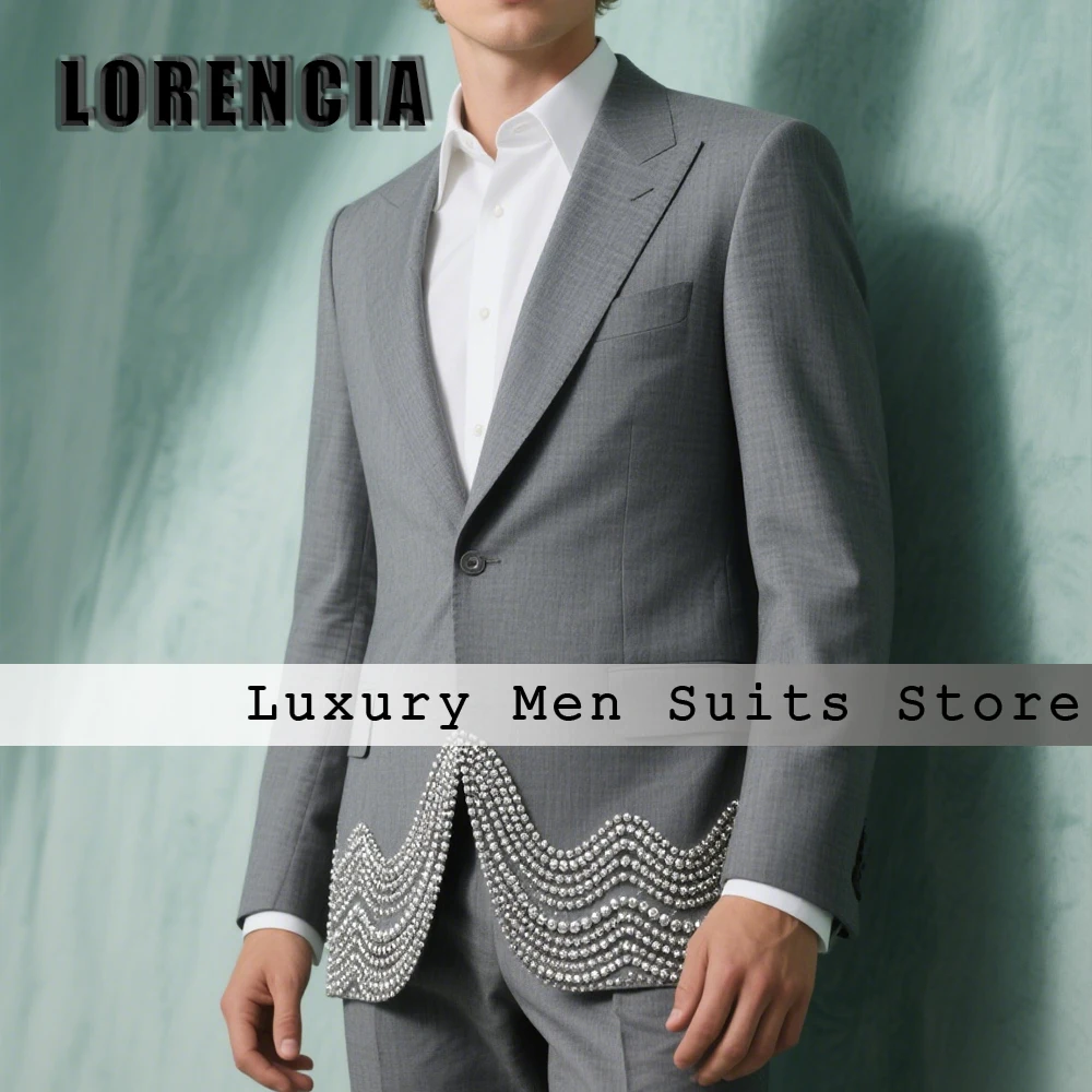 

Simple Pearls Male Suits 2 Pieces Flat Collar Beading Tuxedos Wedding Groom Customized Blazer Pants ropa hombre Men's Clothing