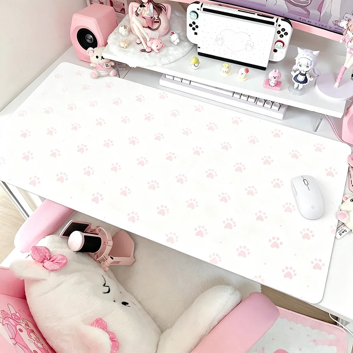Full Screen Pink Kitten Paw Puppy Y2K Girl Leather Desk Pad Protector Mouse Pad Office Desk Mat Non-Slip PU Desk Blotter Pad